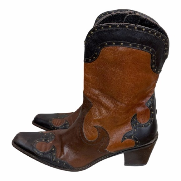 Vintage Stuart Weitzman Western Cowboy Boots Tri-Tone Leather Studded 8.5 - Picture 6 of 11
